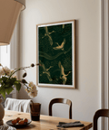 Green and gold wall poster with flowing curved bands and dots