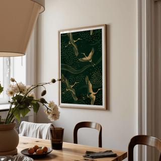 Green and gold wall poster with flowing curved bands and dots