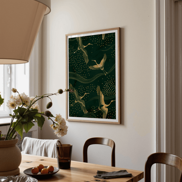 Green and gold wall poster with flowing curved bands and dots