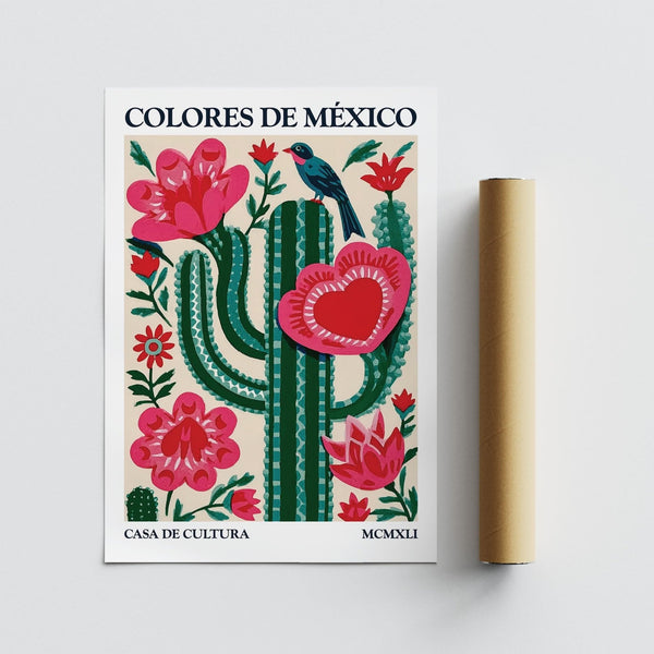 Green cactus surrounded by red flowers in Mexican Folk Art Cactus design.