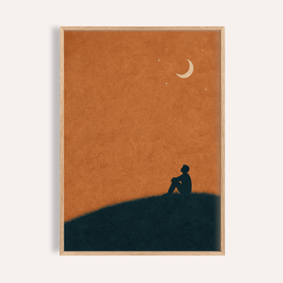 Framed Night Silhouette Poster of a man sitting on a dark hill under a crescent moon