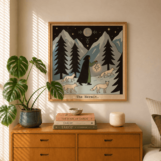 Front view of The Hermit Tarot Card Art poster with lantern bearer and foxes under moon