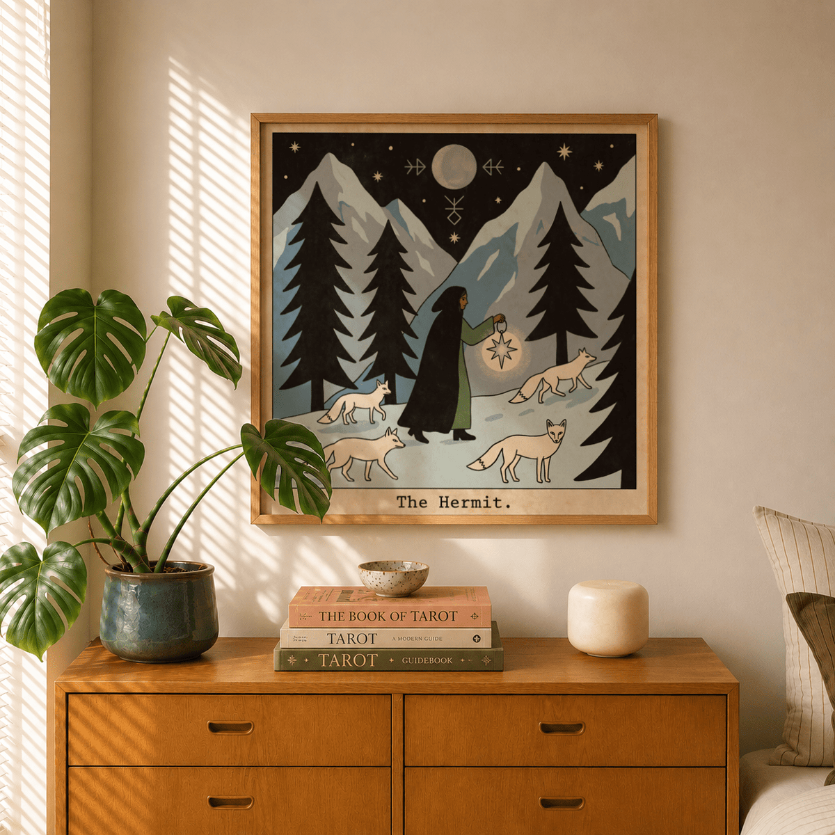 Front view of The Hermit Tarot Card Art poster with lantern bearer and foxes under moon
