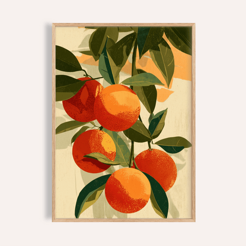 Fruit Art Print with orange and green colors for kitchen wall art poster