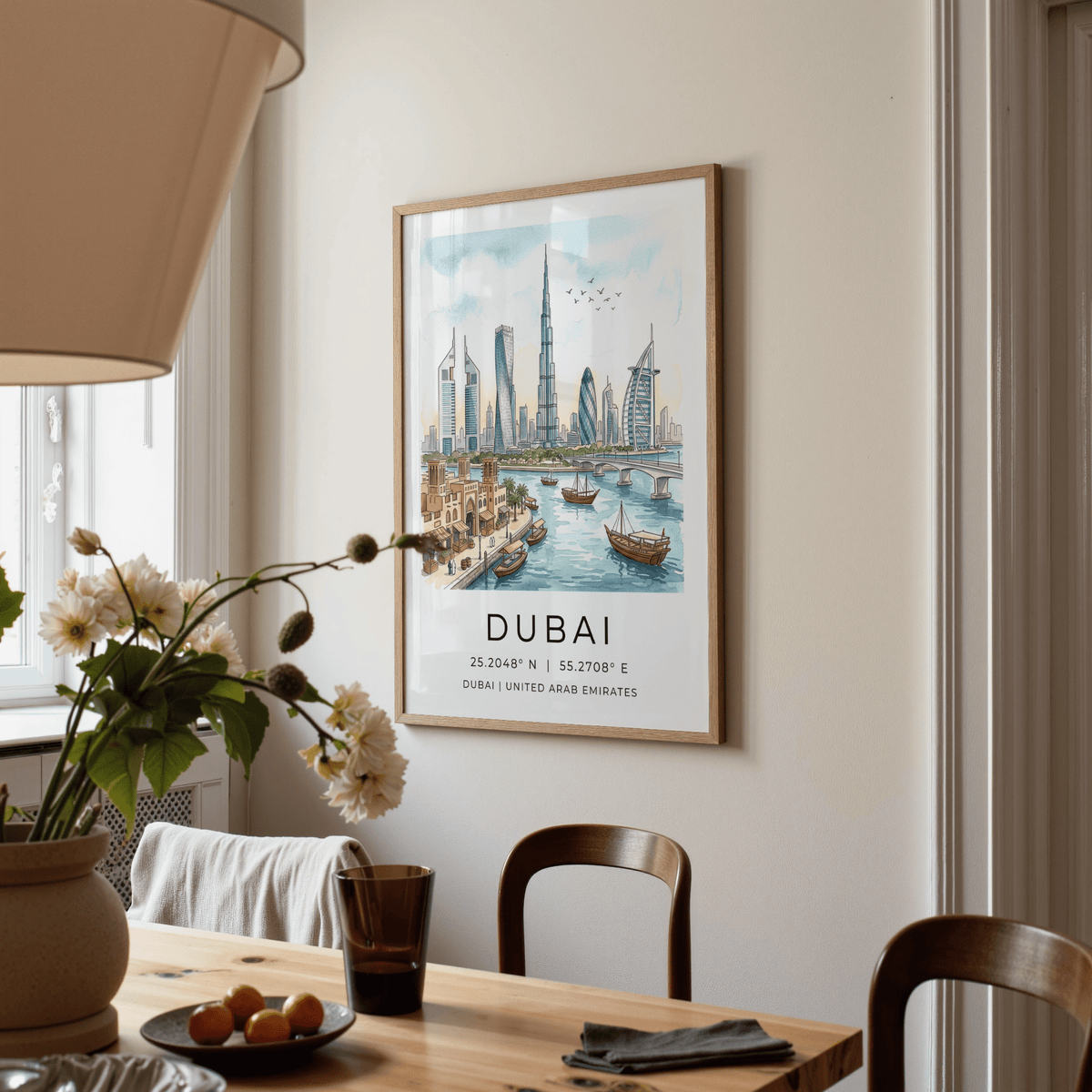 Architectural cityscape print with Dubai towers, shoreline buildings, and palms