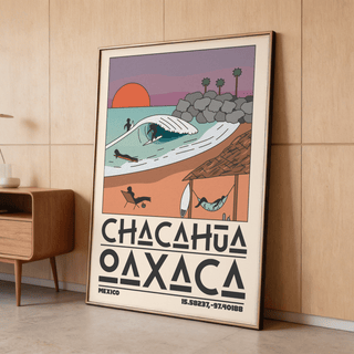 Mexico Beach Art Print framed on wall beside cactus pot