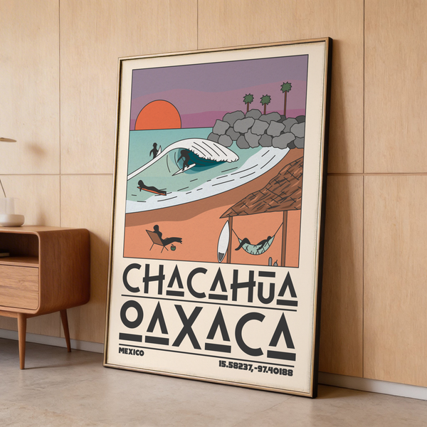 Mexico Beach Art Print framed on wall beside cactus pot