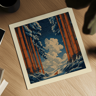 Interior vignette with square winter path artwork above console