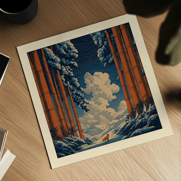 Interior vignette with square winter path artwork above console