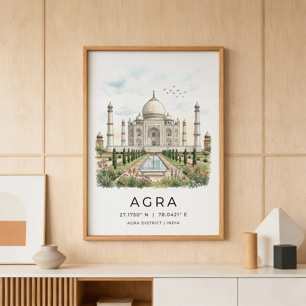 Watercolor-style Agra Historical Poster showing Taj Mahal and birds