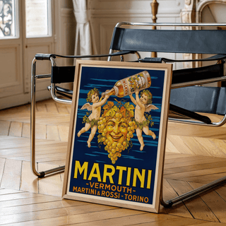 Retro Vintage Vermouth Print poster with blue and yellow tones for bar decor
