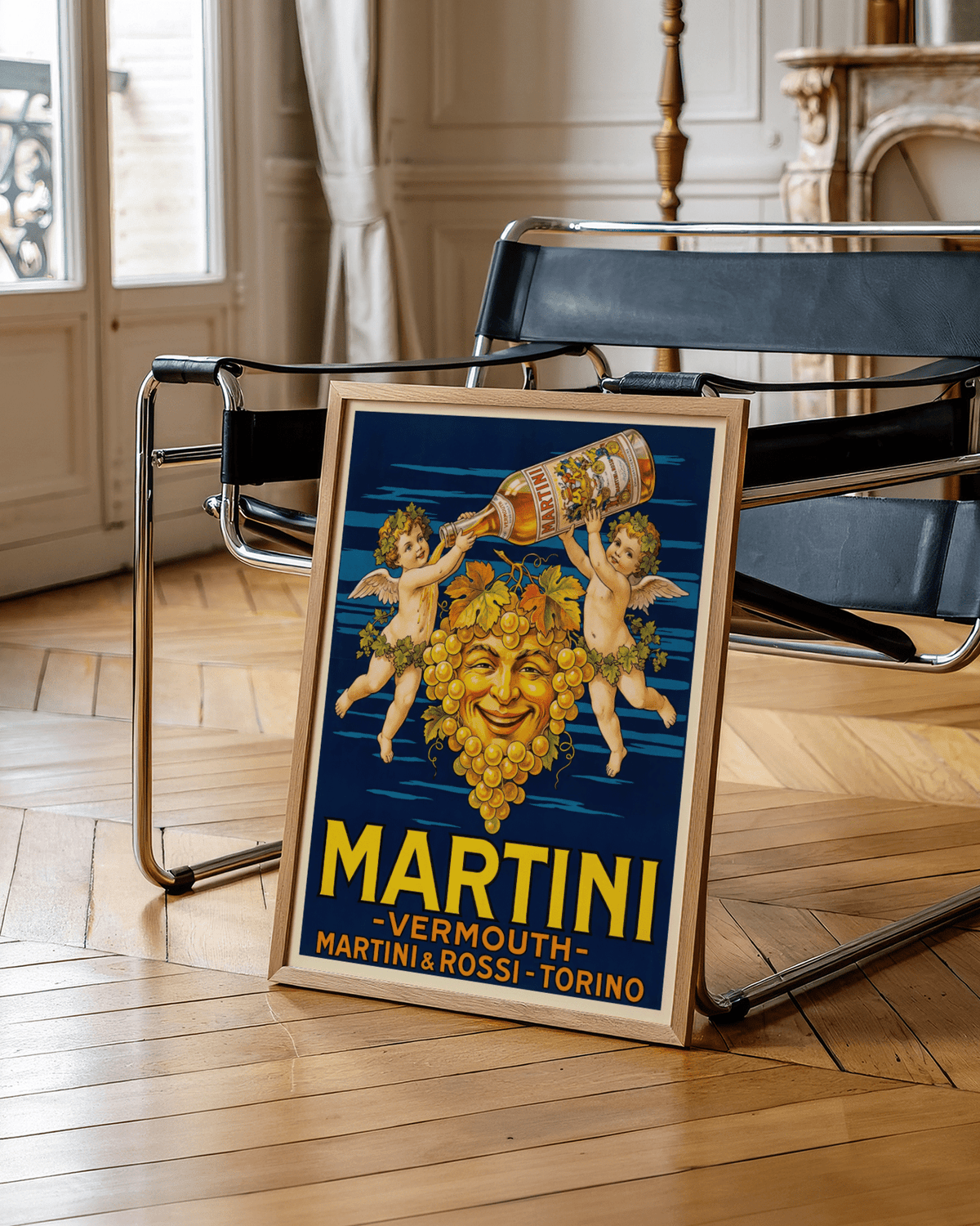 Retro Vintage Vermouth Print poster with blue and yellow tones for bar decor
