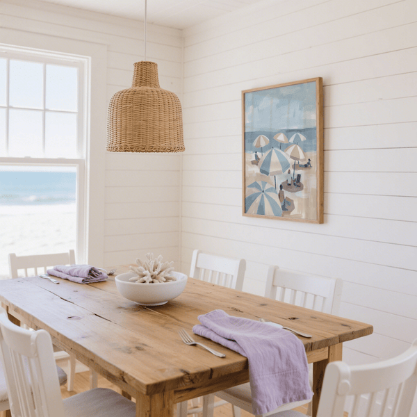 Beach Umbrella Art Print featuring coastal scene for bedroom decor in blue, beige, and white