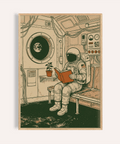Reading Astronaut Poster in green, beige, and orange for living room wall art