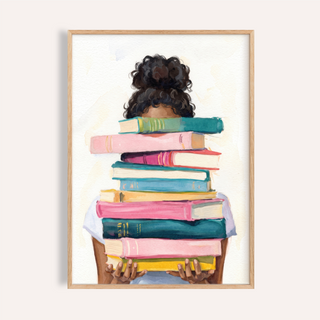 Featured Book Lover Art Print showing a person holding a tall stack of books in watercolor style poster
