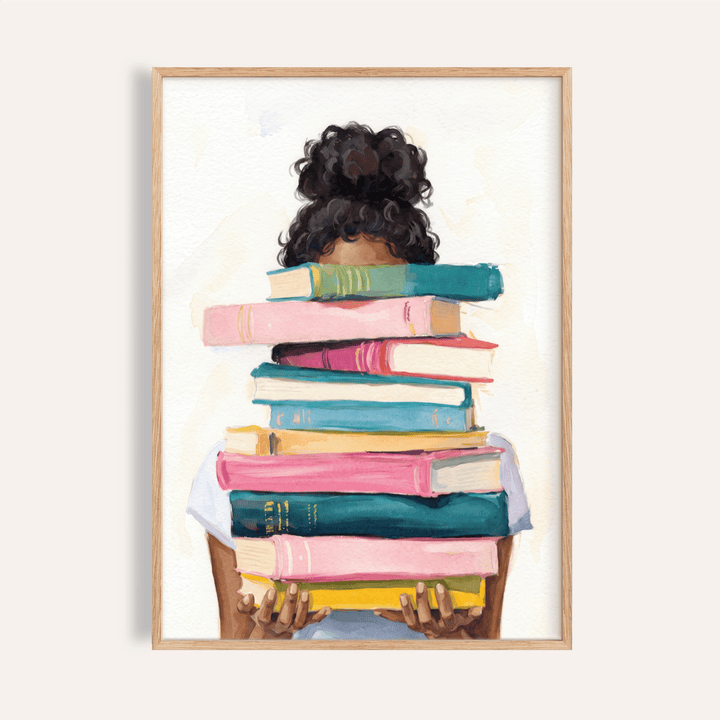 Featured Book Lover Art Print showing a person holding a tall stack of books in watercolor style poster