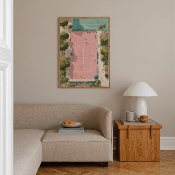 Top-down tennis match print with small figures placed across the court and long shadows