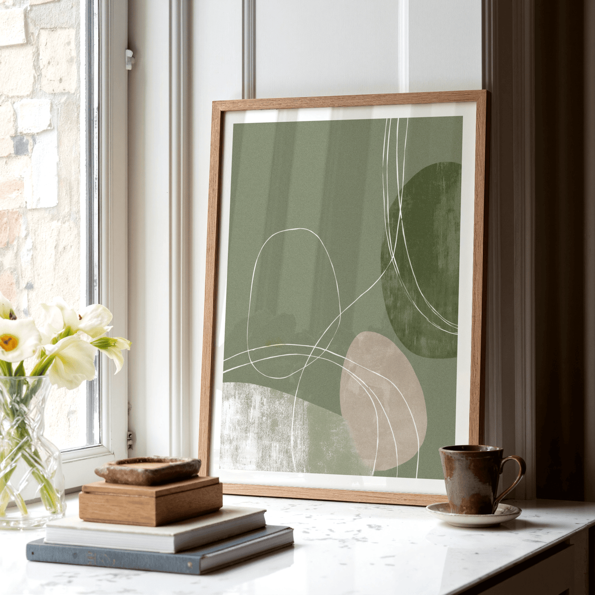 Textured abstract print poster featuring oval shapes, negative space, and thin linework
