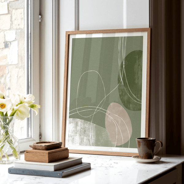 Textured abstract print poster featuring oval shapes, negative space, and thin linework