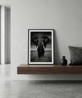Monochrome elephant wall art poster capturing forward-facing trunk and ears