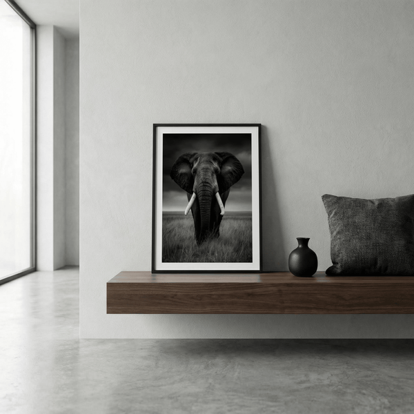 Monochrome elephant wall art poster capturing forward-facing trunk and ears