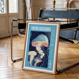 Blue and coral-toned jellyfish shown in unique art prints with flowing lines.