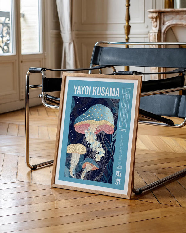 Blue and coral-toned jellyfish shown in unique art prints with flowing lines.