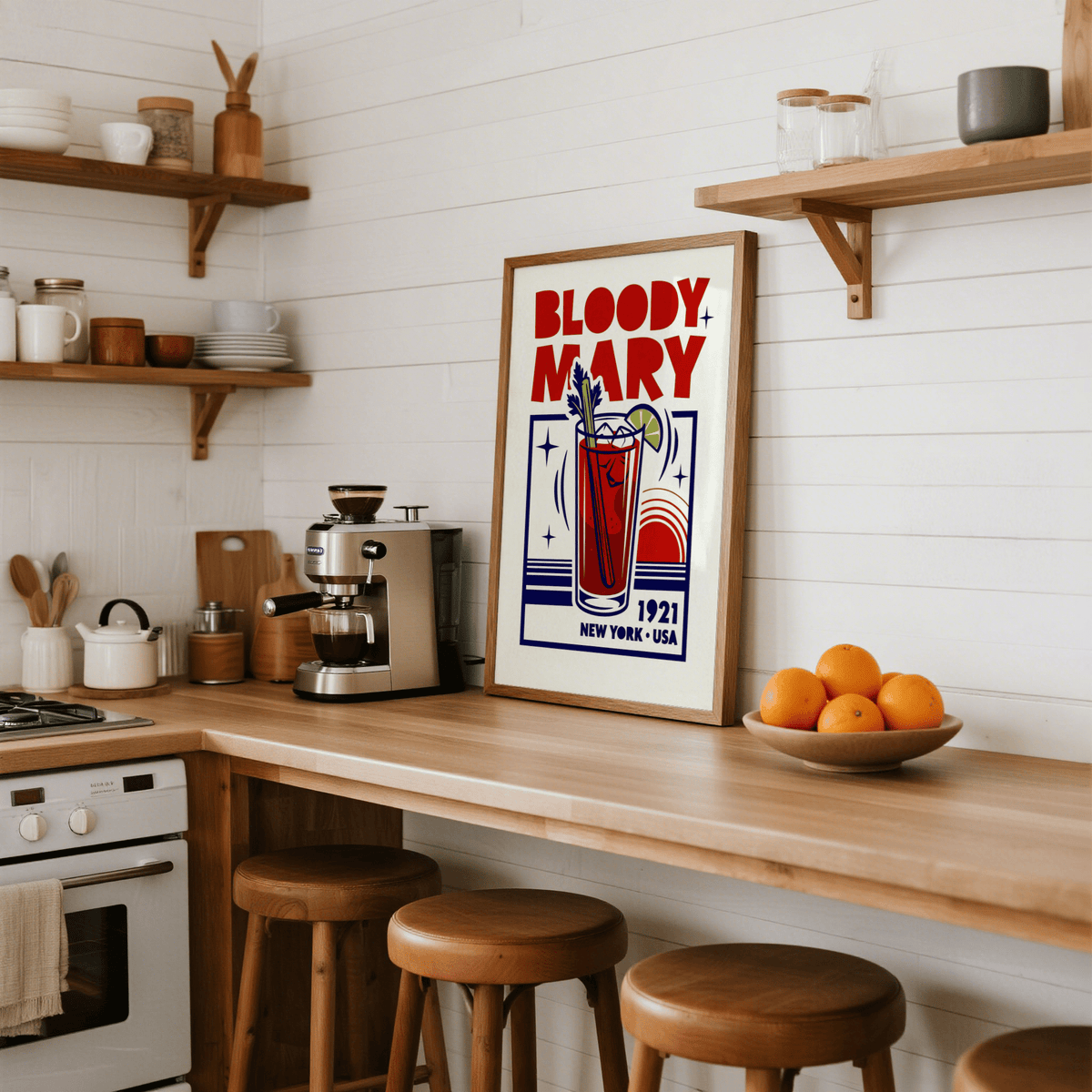 Bold Bloody Mary Poster with Red and Blue for home bar decor