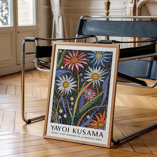 Contemporary abstract botanical wall art featuring colorful floral stems in a dotted pattern.
