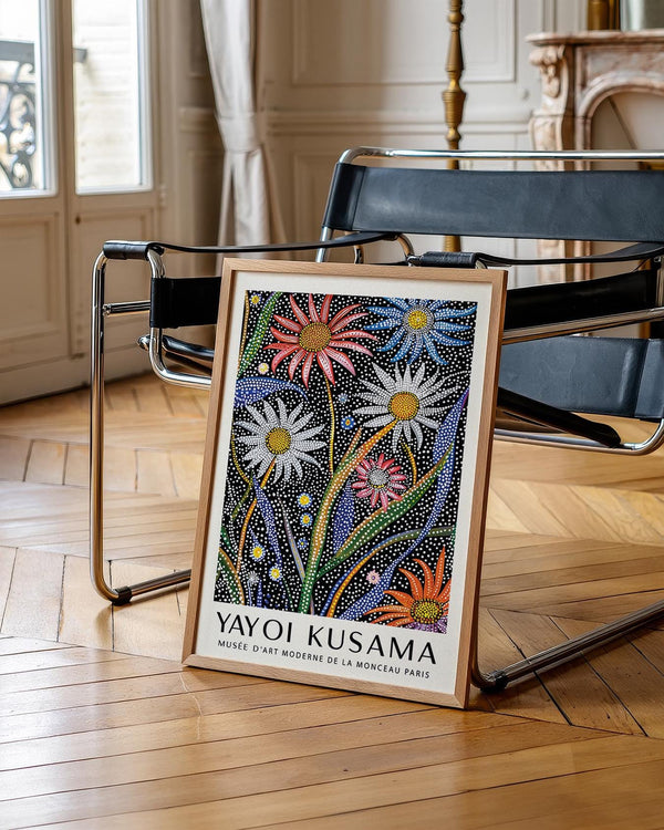 Contemporary abstract botanical wall art featuring colorful floral stems in a dotted pattern.