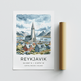 Soft washes blend blues and greys around a prominent cathedral-like tower by the sea