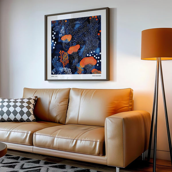 Abstract Floral Art with navy background and orange organic shapes.