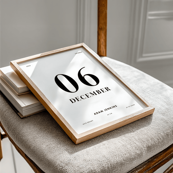 Boutique Born This Day Custom art print in White and Black for entryway wall