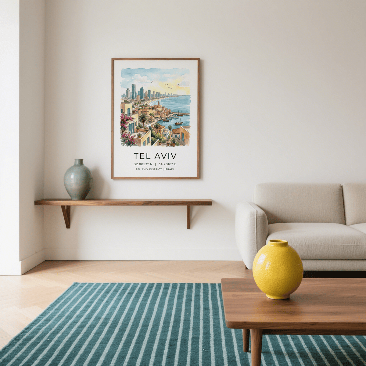 Scenic Mediterranean-style wall art print showing Tel Aviv rooftops, palms, and shoreline