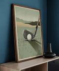 Centered composition poster with a 7 iron, ball, and simplified landscape in the distance