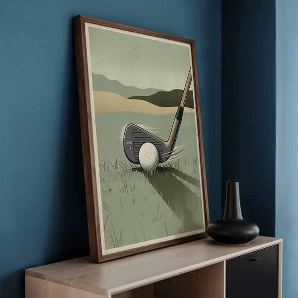 Centered composition poster with a 7 iron, ball, and simplified landscape in the distance