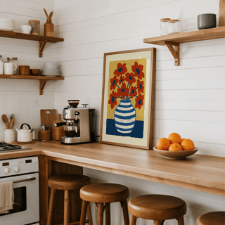 Vase Art Poster showing bold blue vase and red flowers, perfect for bedroom decor