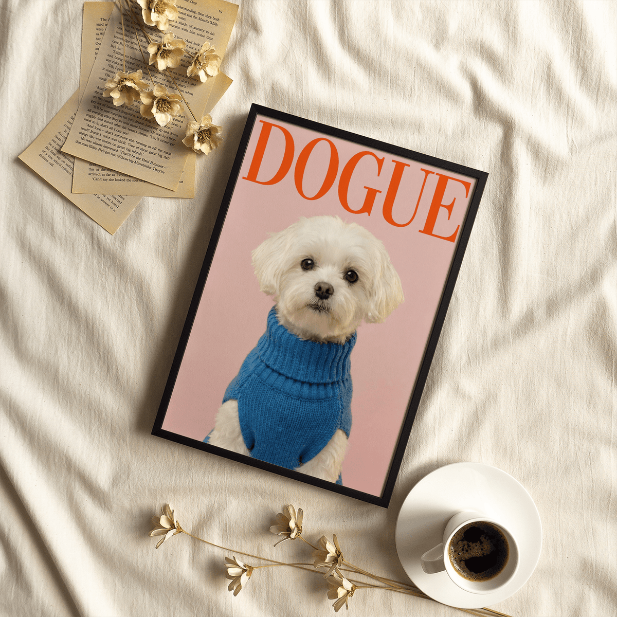 Playful Maltese Dog Wall Art poster with White and Blue hues for office