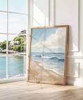 Seascape Poster using Blue, Beige, and White for relaxation area wall art