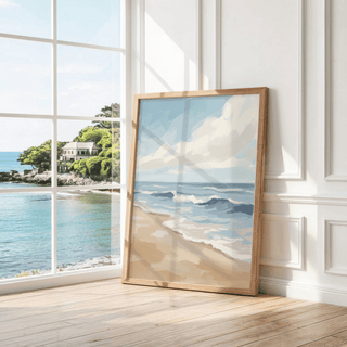 Seascape Poster using Blue, Beige, and White for relaxation area wall art