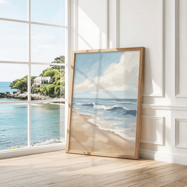 Seascape Poster using Blue, Beige, and White for relaxation area wall art