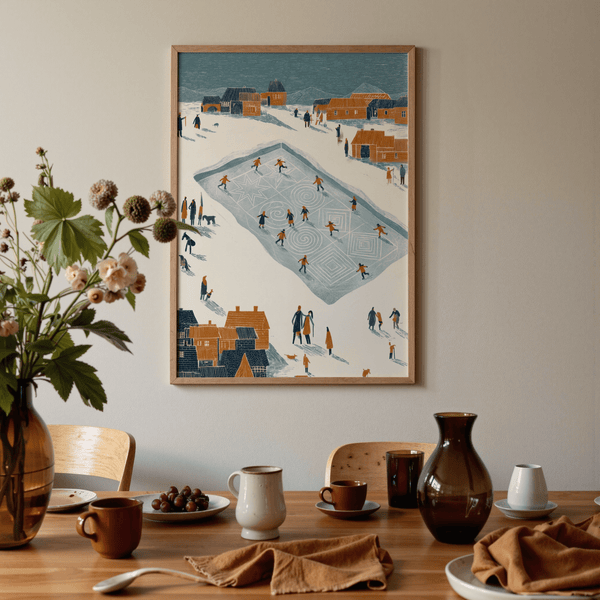 Ice Skating Poster in orange and white, lovely for family room art