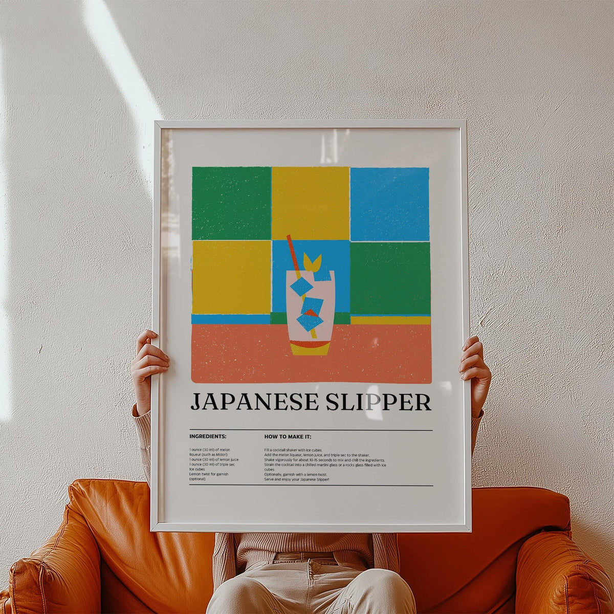 Trendy wall art print of Japanese Slipper cocktail with colorful block design.