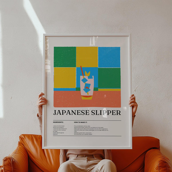 Trendy wall art print of Japanese Slipper cocktail with colorful block design.