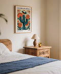 Desert-themed cactus wall art print featuring traditional Mexican motifs.
