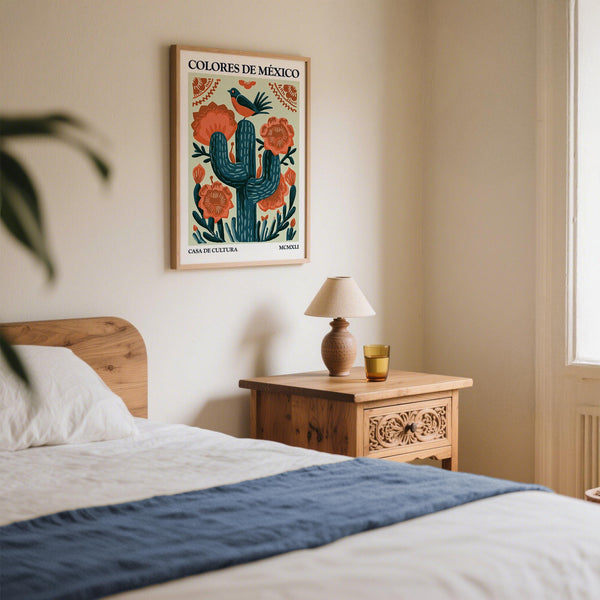 Desert-themed cactus wall art print featuring traditional Mexican motifs.