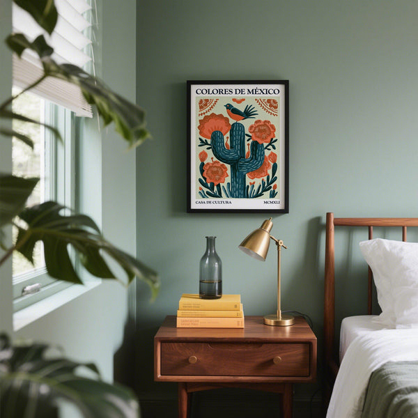 Colorful cactus wall art with bold lines and rich earthy tones.