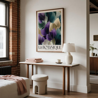 Leaf art prints in purple and gold tones for modern interiors