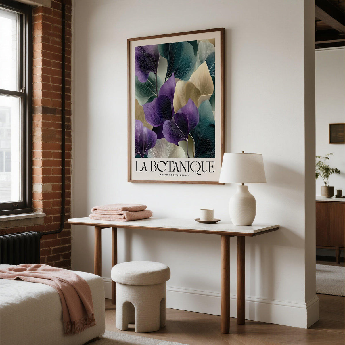 Leaf art prints in purple and gold tones for modern interiors