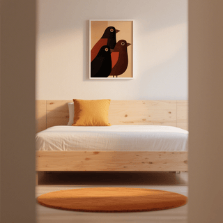Stylized avian wall poster with pointed beaks and sweeping wing curves